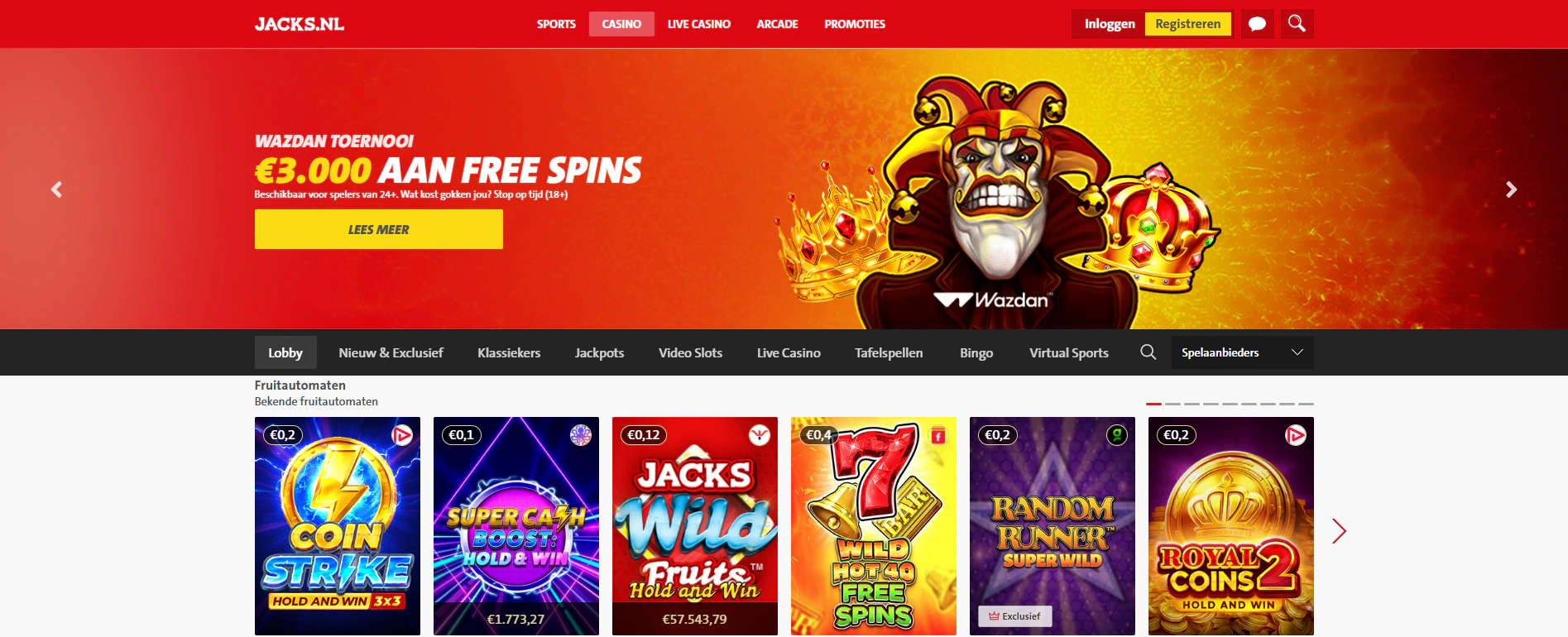 Jacks Casino homepage overzicht